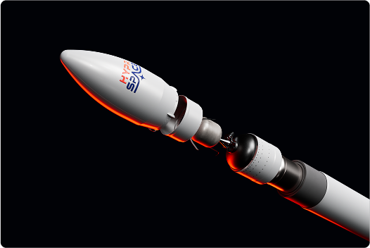 3D rendering of the HyPrSpace OB-1 rocket showing the separation of the fairing and internal stages. Highlights the modular structure and advanced engineering of the launcher.