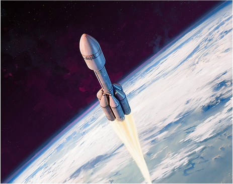 Illustration of the OB-1 Mk1 launcher rising above Earth’s atmosphere, with thrusters ignited and a dark purple cosmic background.